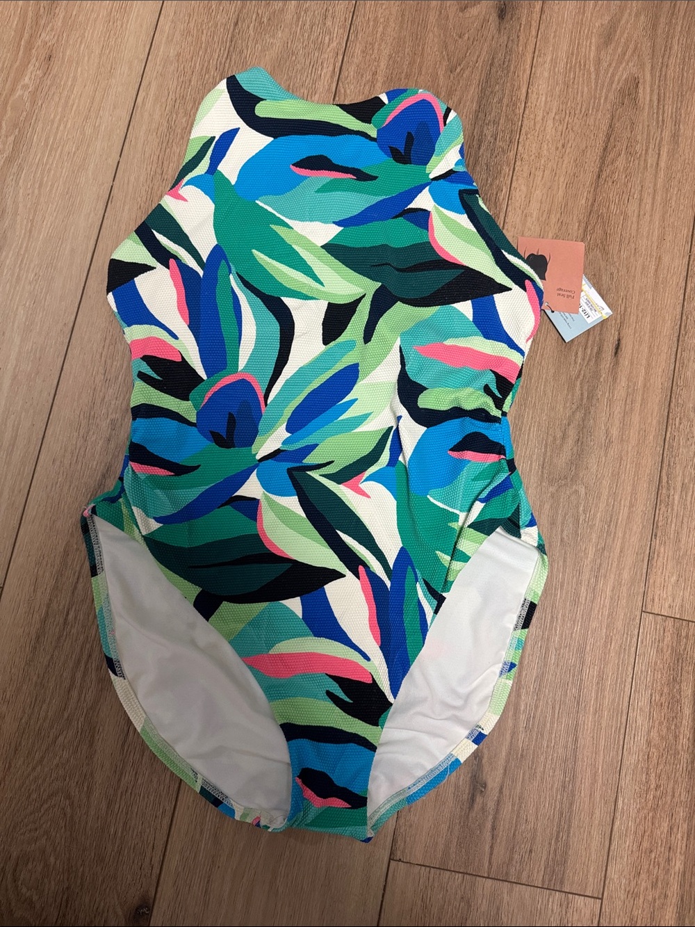 Shade & Shore NWT L BRIGHT GREENS & BLUE Floral High-Neck One-Piece Swimsuit - Picture 2 of 9